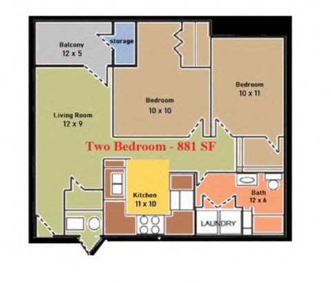 Floor plan for 2 beds, 1 bath, 881 sqft